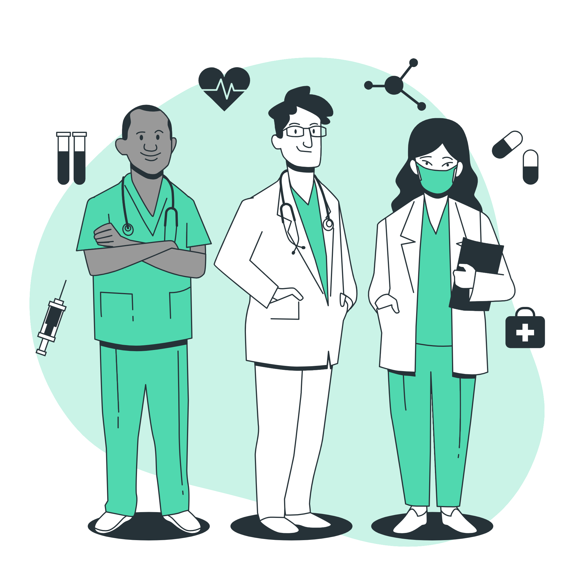 Healthcare solutions illustration showing medical professionals and technology