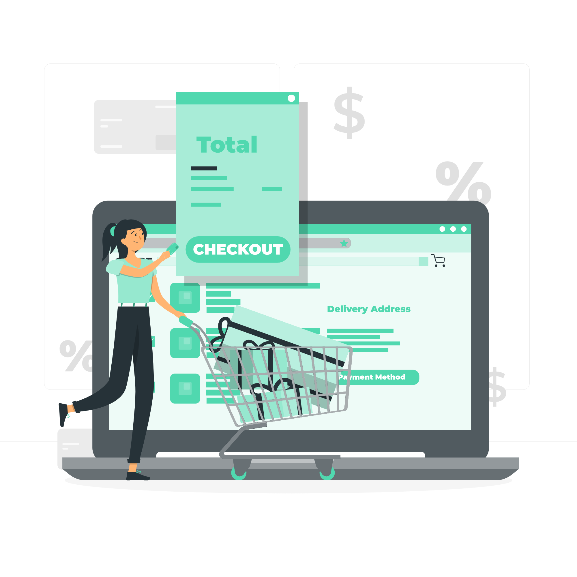 Retail e-commerce solution illustration with shopping and inventory